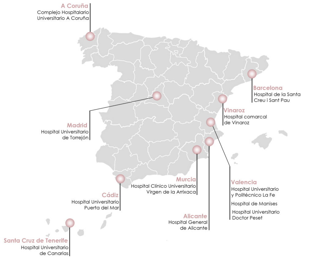 mapa de los hospitales que participaron en el ensayo clínico de ipregnostic